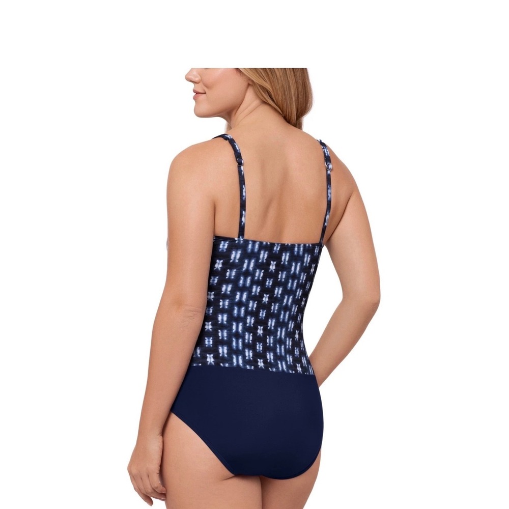 Swim Solutions Womens Navy Blue Shibori V Neck Side Shirred One Piece Swimsuit 8 - Picture 2 of 8